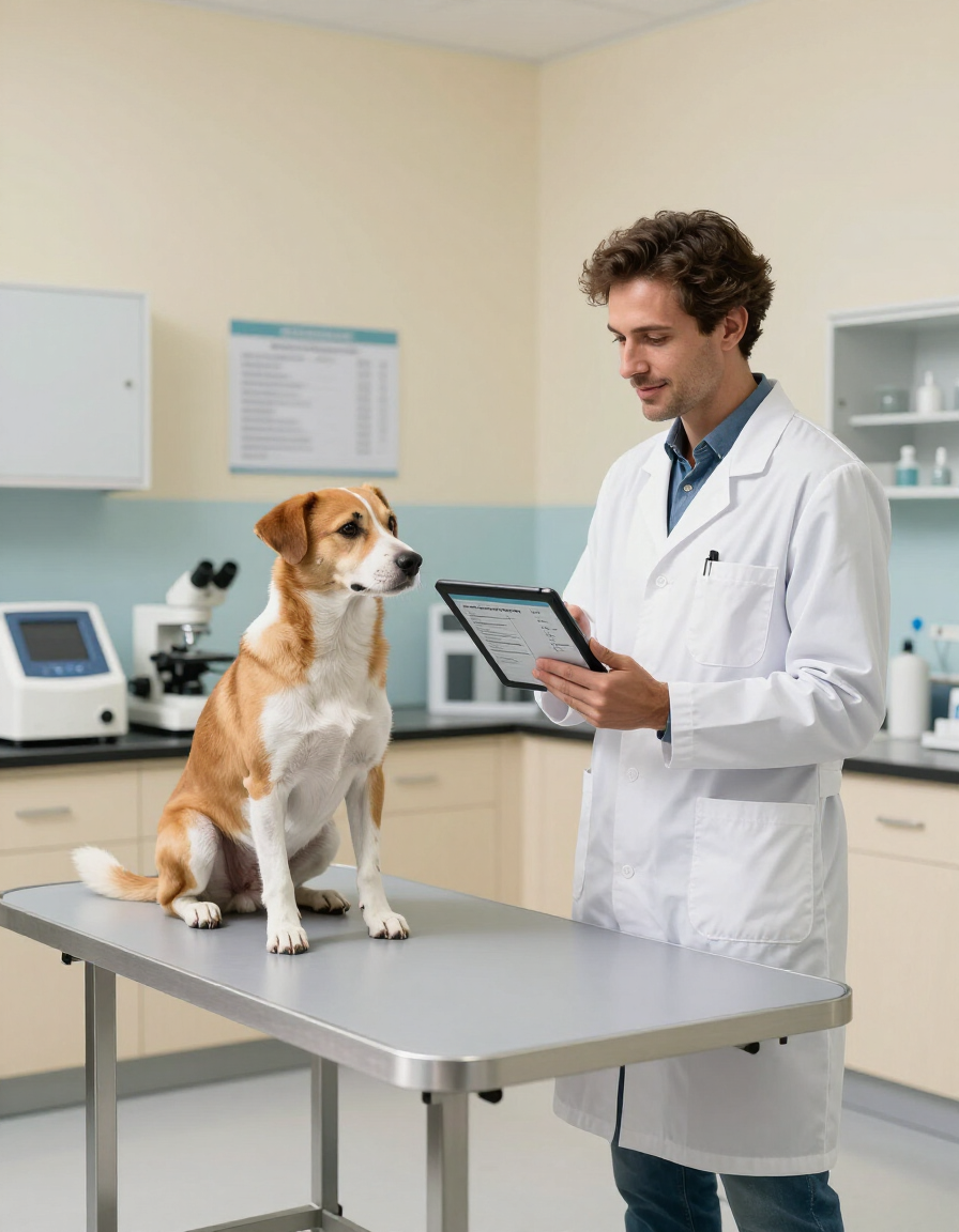 Veterinario examinando a un perro en una mesa de exploración en una clínica, sosteniendo una tableta.