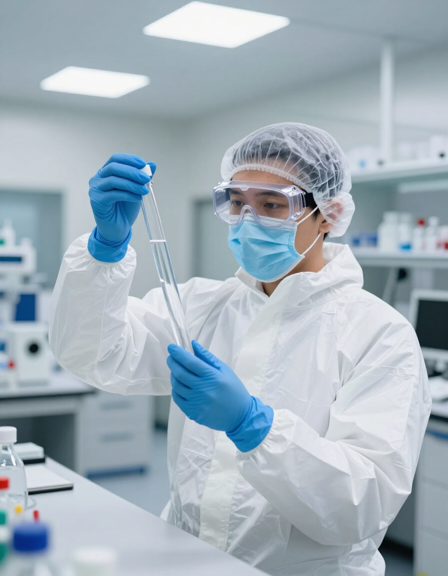 Técnico de laboratorio con traje protector blanco analizando una muestra con una pipeta en un laboratorio moderno.