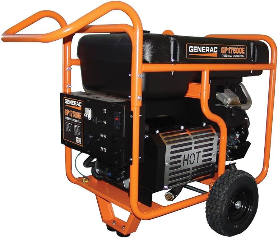 Orange Generac GP7500E portable generator on wheels.