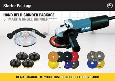 Starter package for concrete flooring: Makita angle grinder, grinding wheels, and dust shroud.
