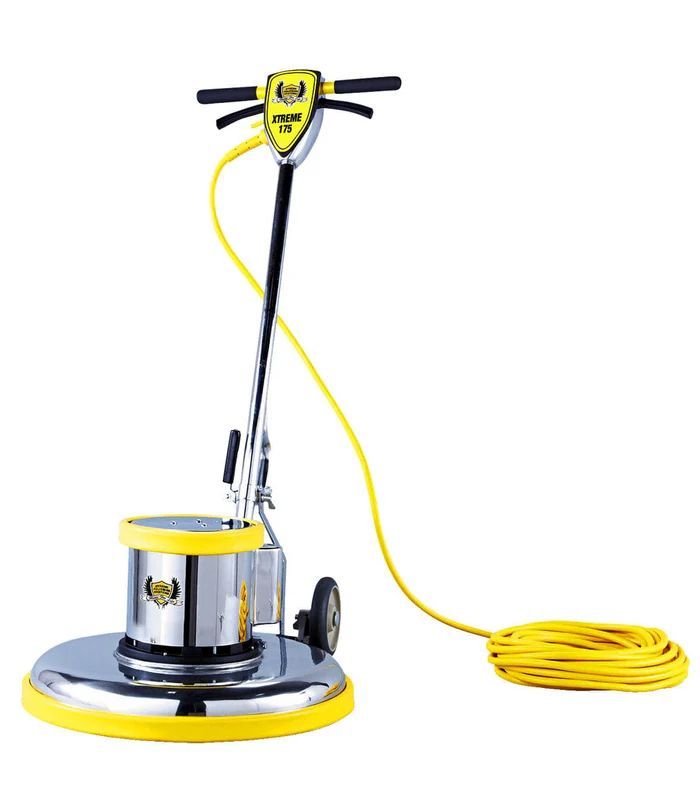 Yellow and silver floor buffer with a long yellow power cord.