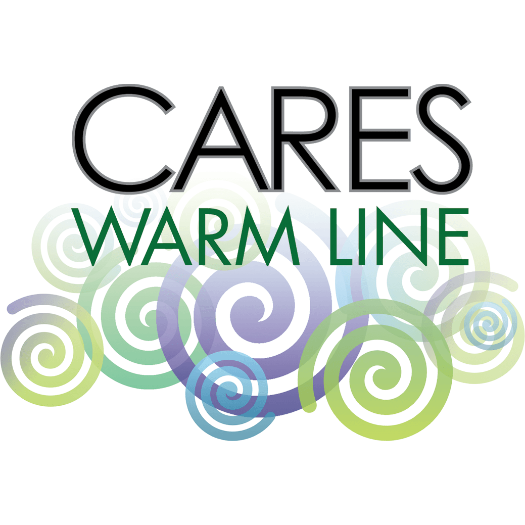 CARES Warm Line logo with black and green text over colorful spiral circles