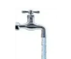 Chrome outdoor water faucet with a blue hose attached