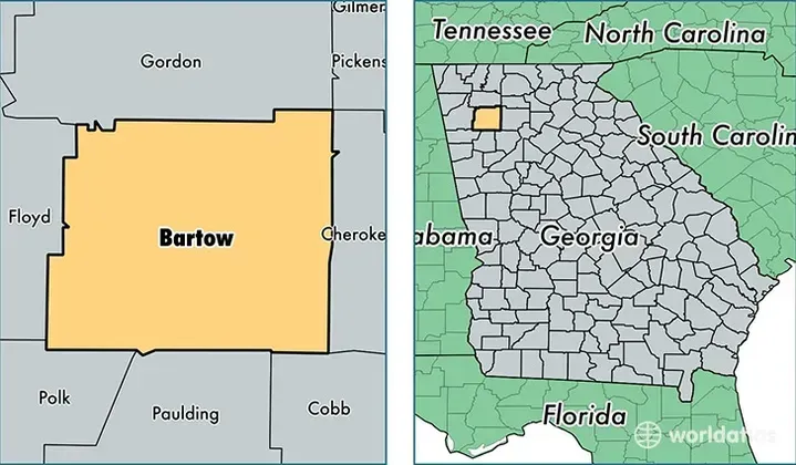 Two maps highlighting Bartow County, Georgia in orange within Georgia and the southeastern U.S.