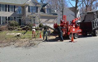 Workers clearing storm debris near a house, with a red wood chipper and truck on the street.