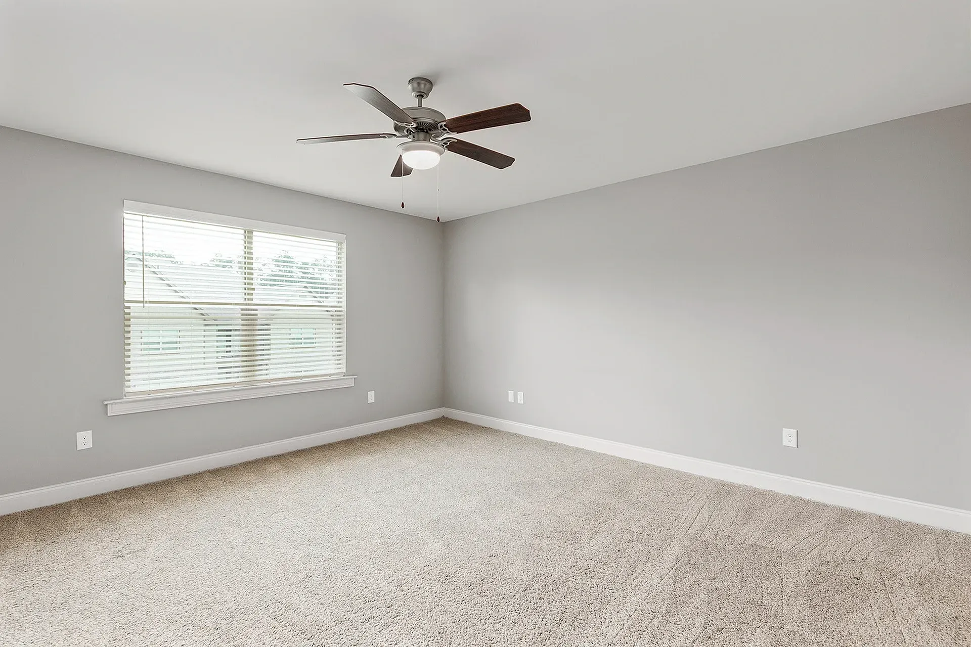 Empty bedroom in a modern apartment with gray walls, beige carpet, window, and ceiling fan.