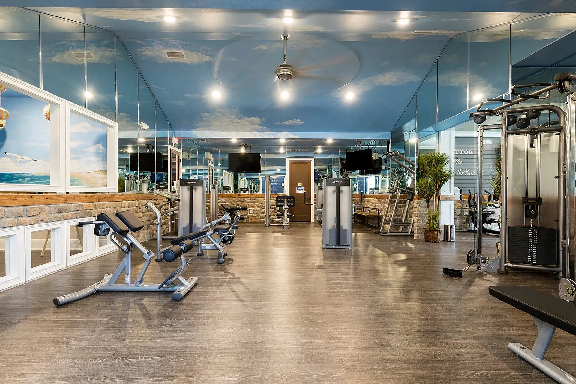 Indoor apartment gym with weight machines, mirrors, and a blue sky ceiling.