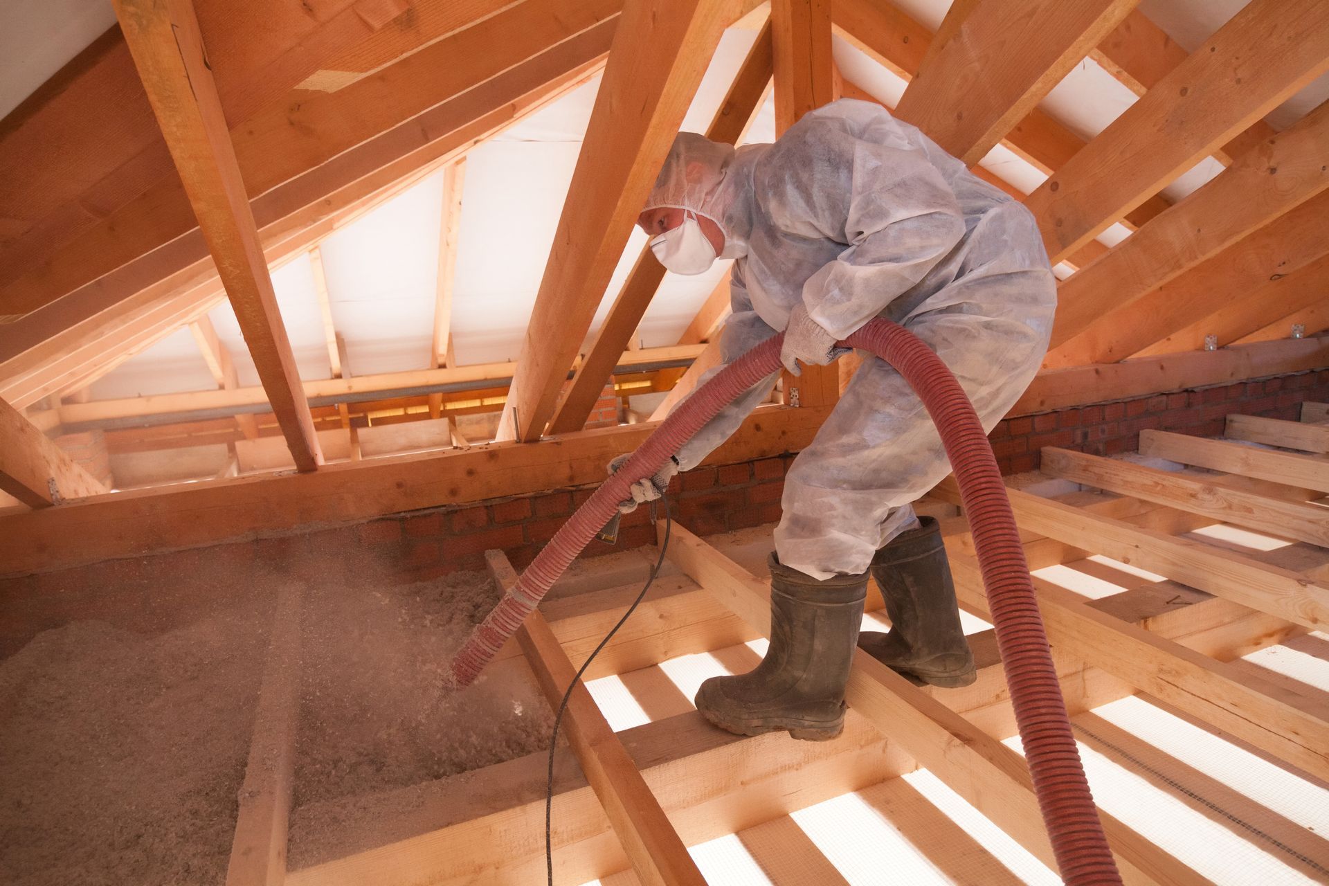 Worker in attic insulation gear spraying foam between wooden rafters.