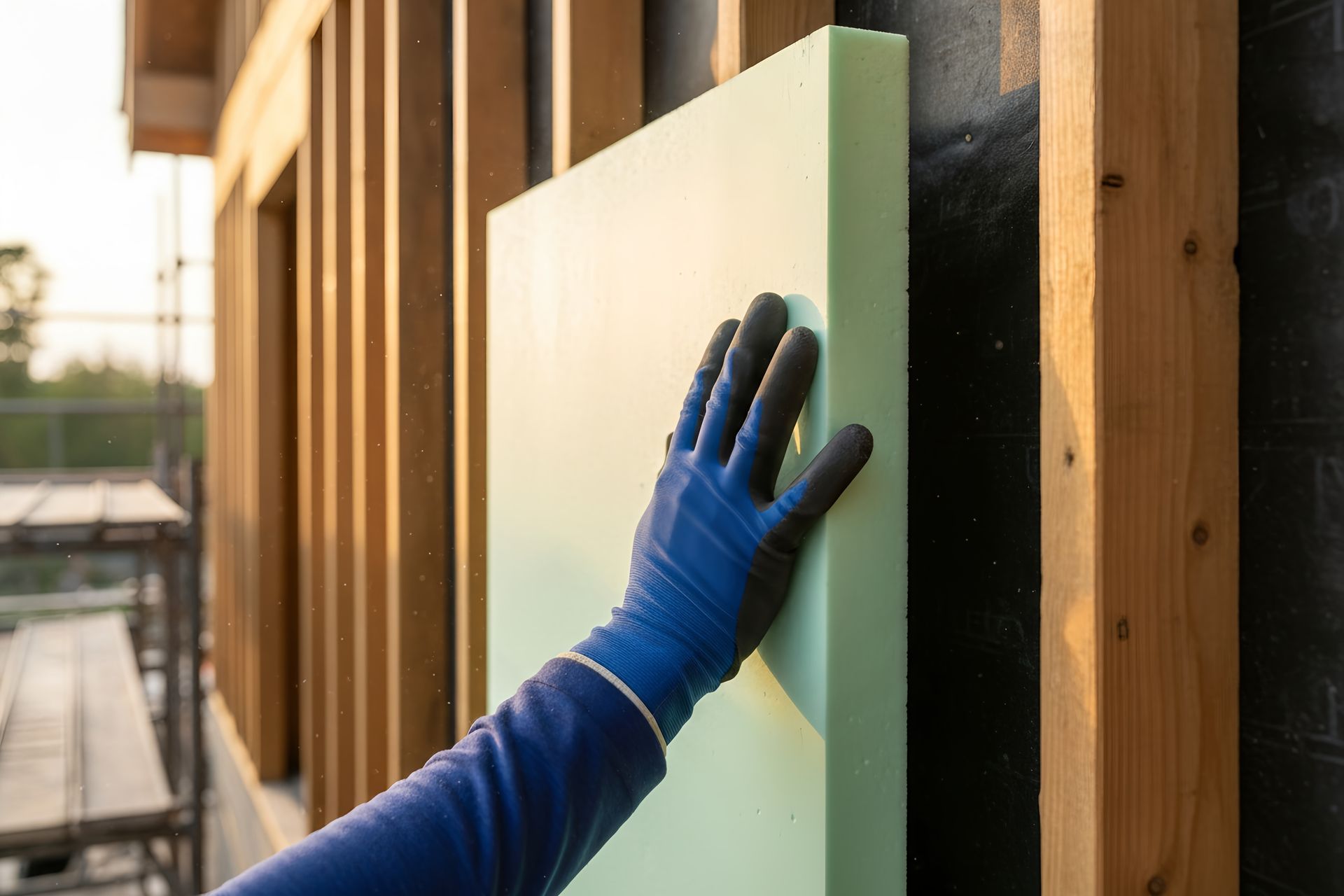 Blue-gloved hand smoothing a pale panel onto a wooden wall frame at a construction site