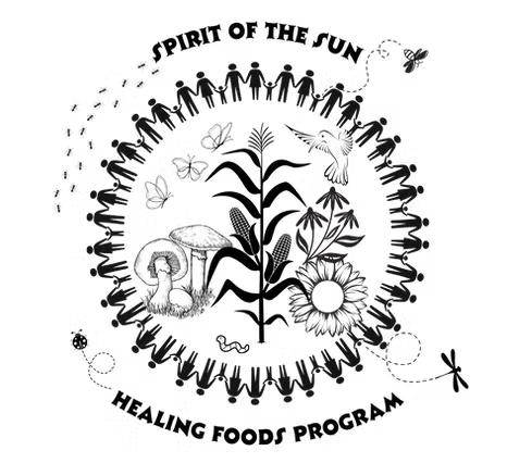 Black-and-white circular “Spirit of the Sun” Healing Foods Program logo with plants, people, and sun motifs