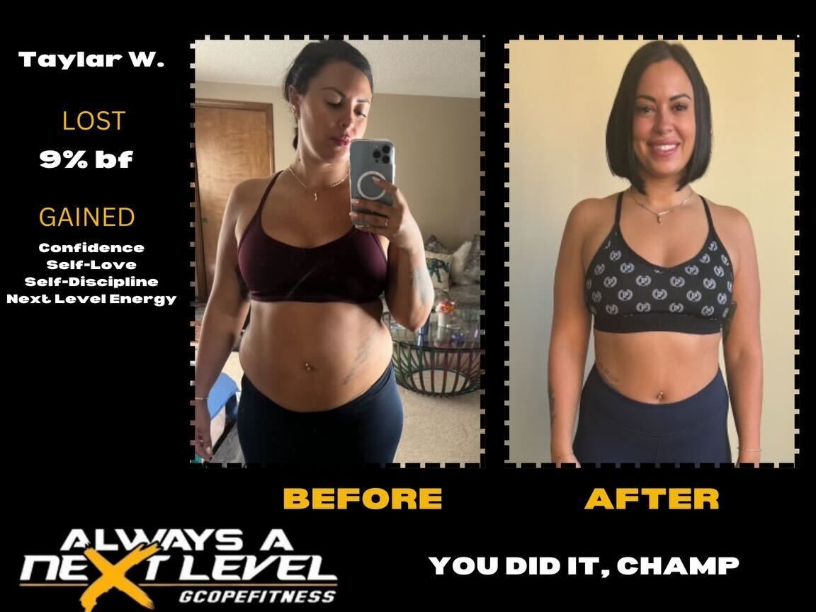 A before and after photo of a woman named taylor w.