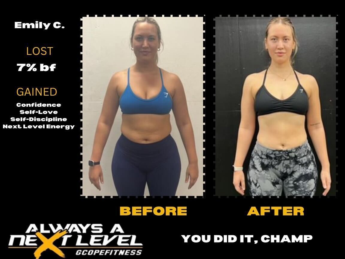 A before and after photo of emily c. from always a next level