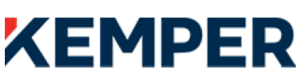 A blue and red kemper logo on a white background
