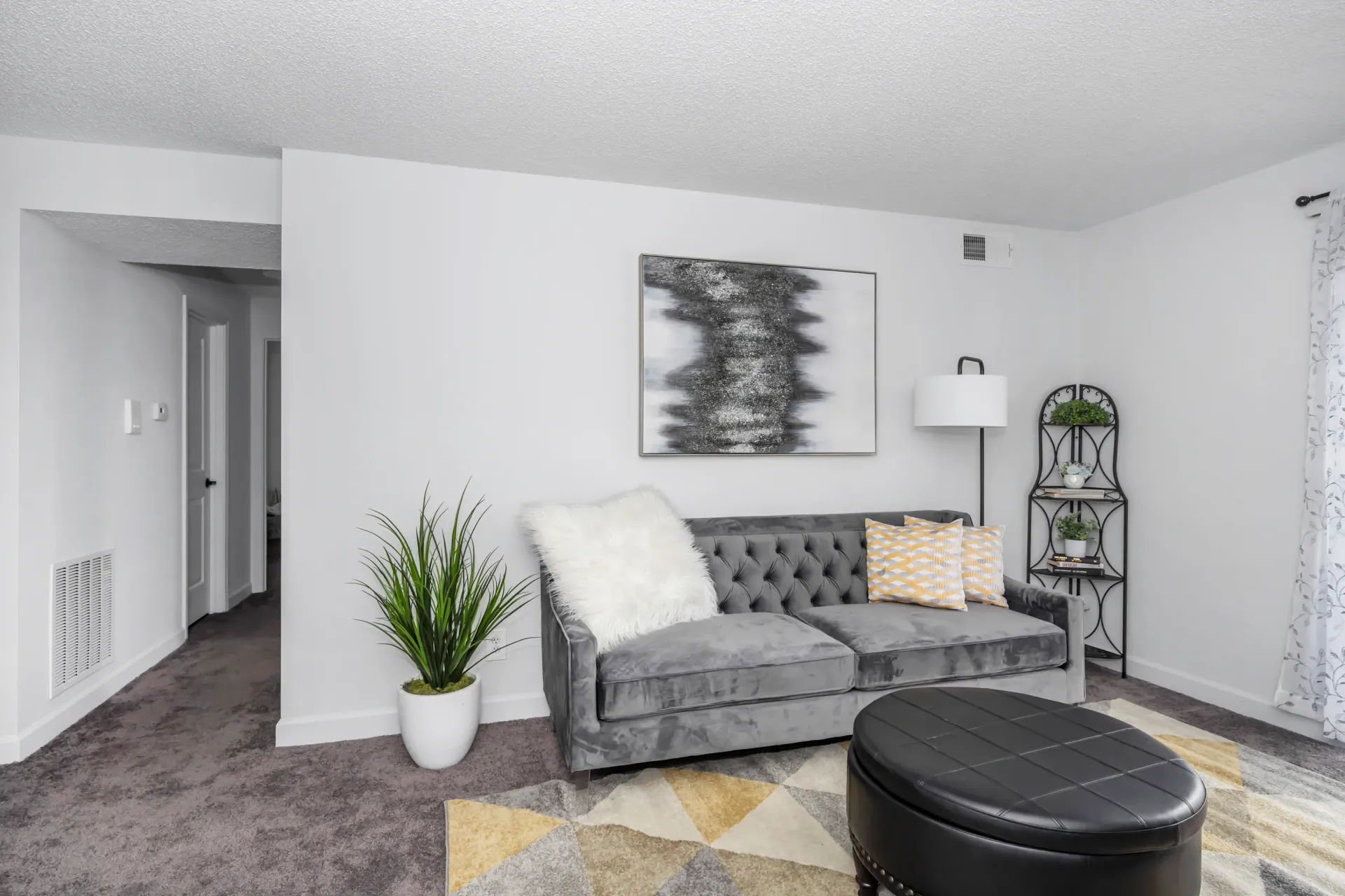 Bright living room with gray sofa, black ottoman, patterned rug, wall art, and potted plant.