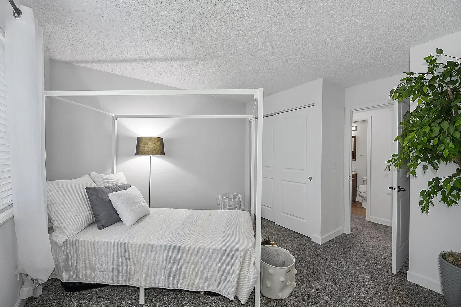 Tall Timber Apartments Bedroom with white canopy bed, gray bedding, floor lamp, and plant.