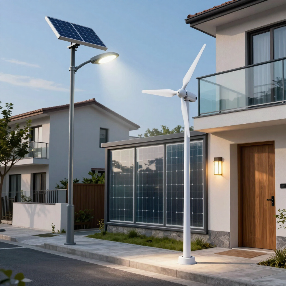 Casa suburbana con lampioni solari e pannello solare, che mostra una turbina eolica e un design moderno ad alta efficienza energetica.