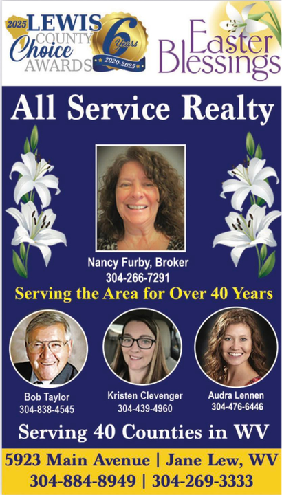 All Service Realty ad with agent photos, blue floral border, and Jane Lew, WV contact information