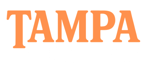 The word tampa is written in orange letters on a white background.