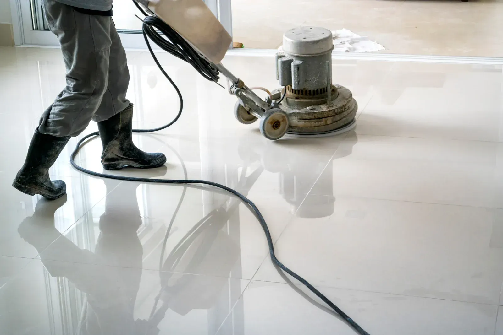 Person polishing a shiny white tiled floor with an industrial floor polisher; a reflection is visible.