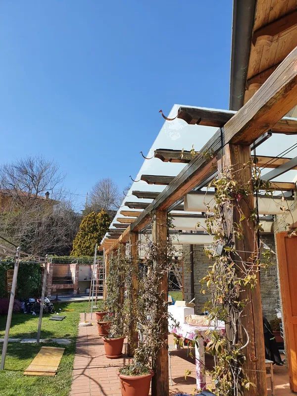 Patio soleggiato sul retro della casa con pergolato, piante sospese e rampicanti in vaso lungo un sentiero del giardino.