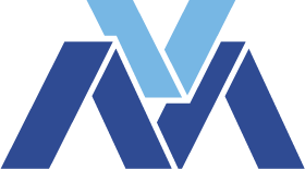 Logo astratto geometrico blu con forme angolari sovrapposte e una V azzurra al centro.