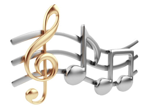 A gold treble clef and silver music notes on a white background.