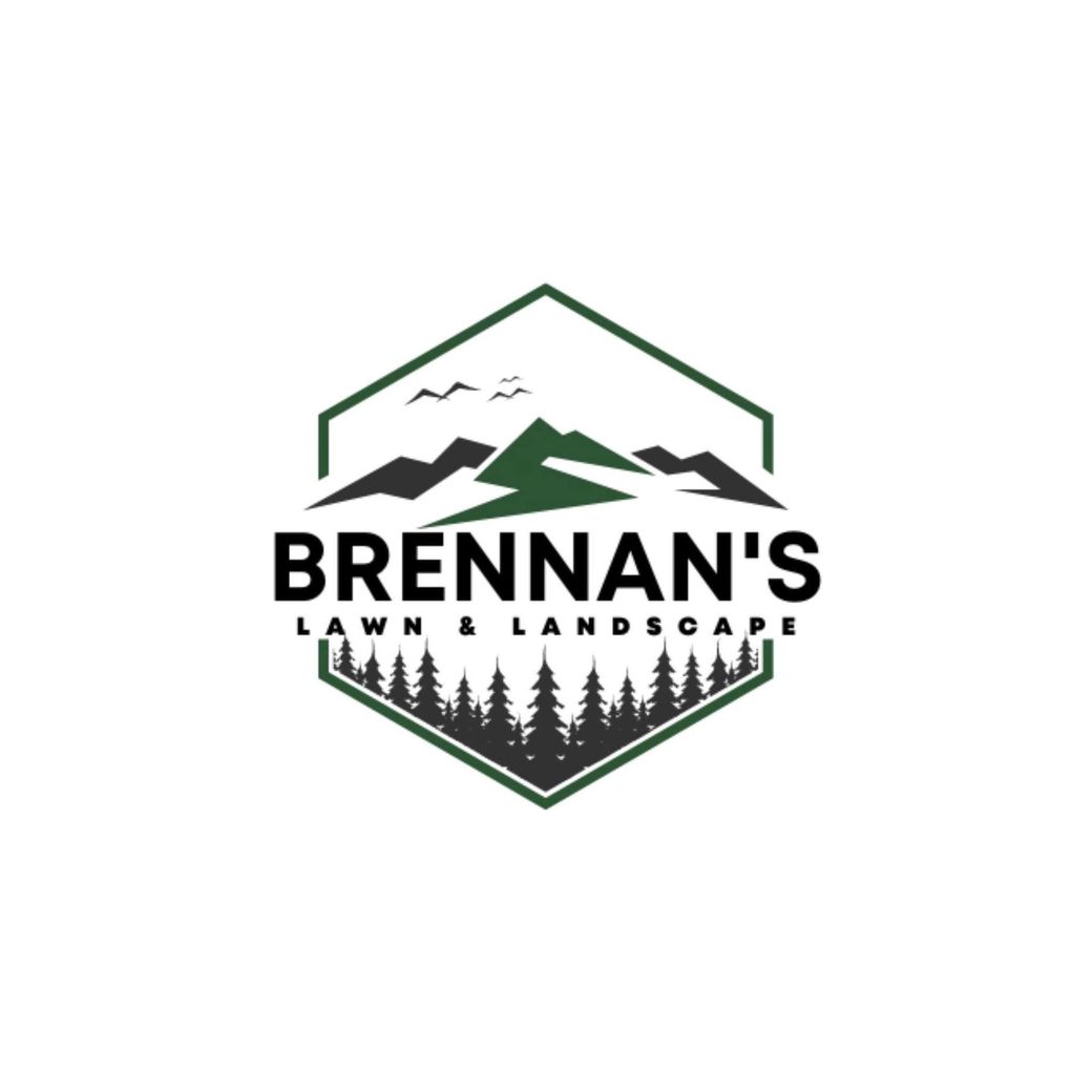Brennan’s Lawn & Landscape logo with mountains, trees, and dark green hexagon outline