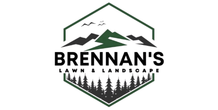 Brennan's Lawn & Landscape logo with mountains, trees, and hexagon outline in green and black