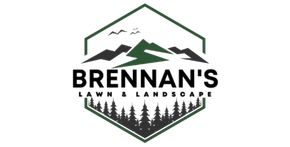 Brennan's Lawn & Landscape logo with mountains, trees, and hexagon outline in green and black