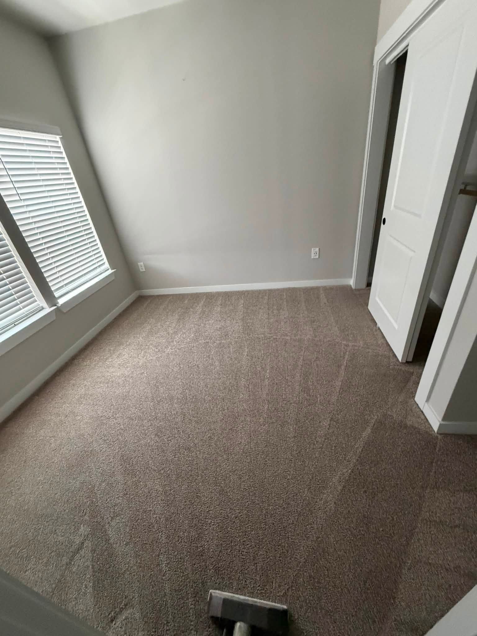 Empty beige-carpeted room with white walls, window blinds, and an open closet door.