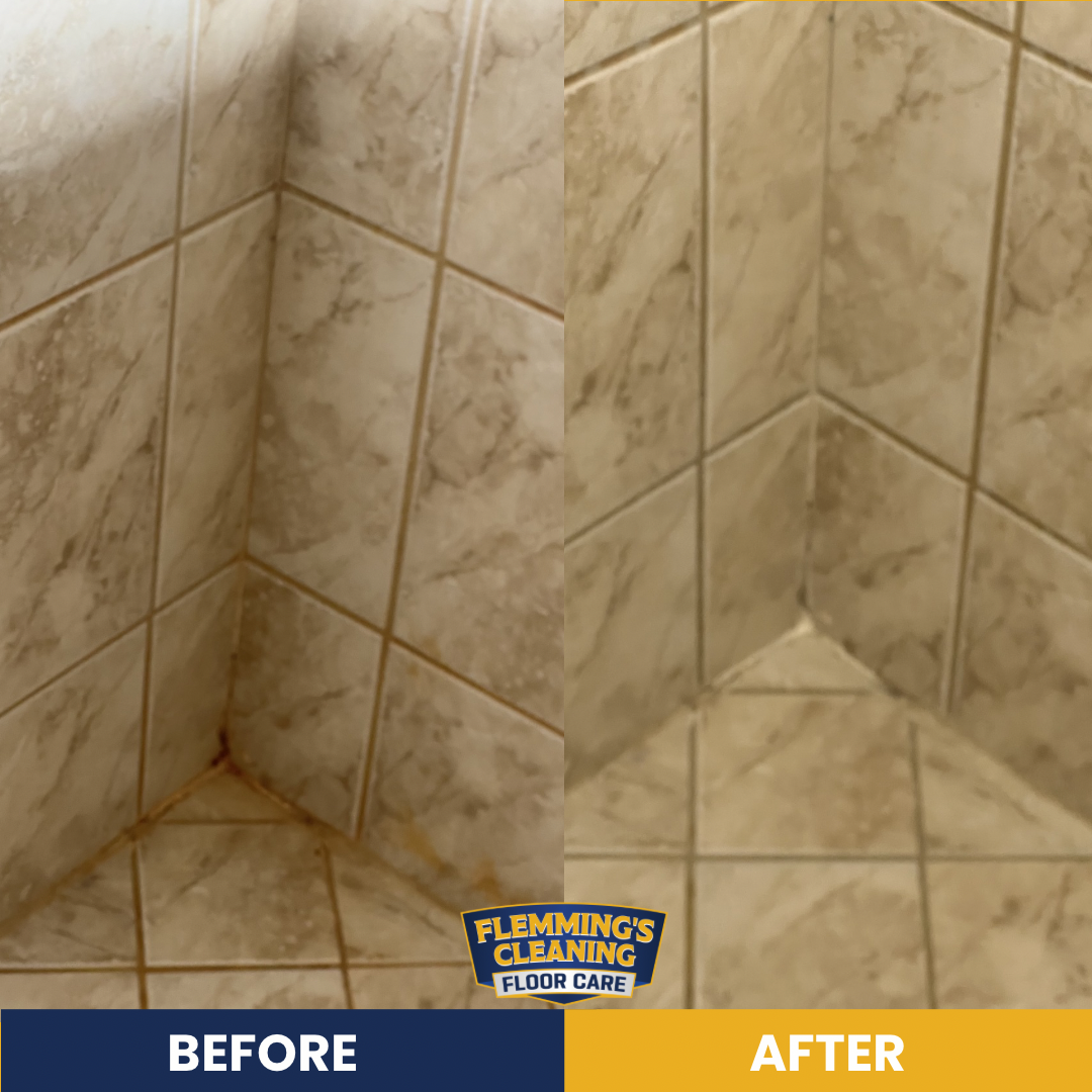Before-and-after of a beige tiled shower corner with stained grout cleaned and brightened.