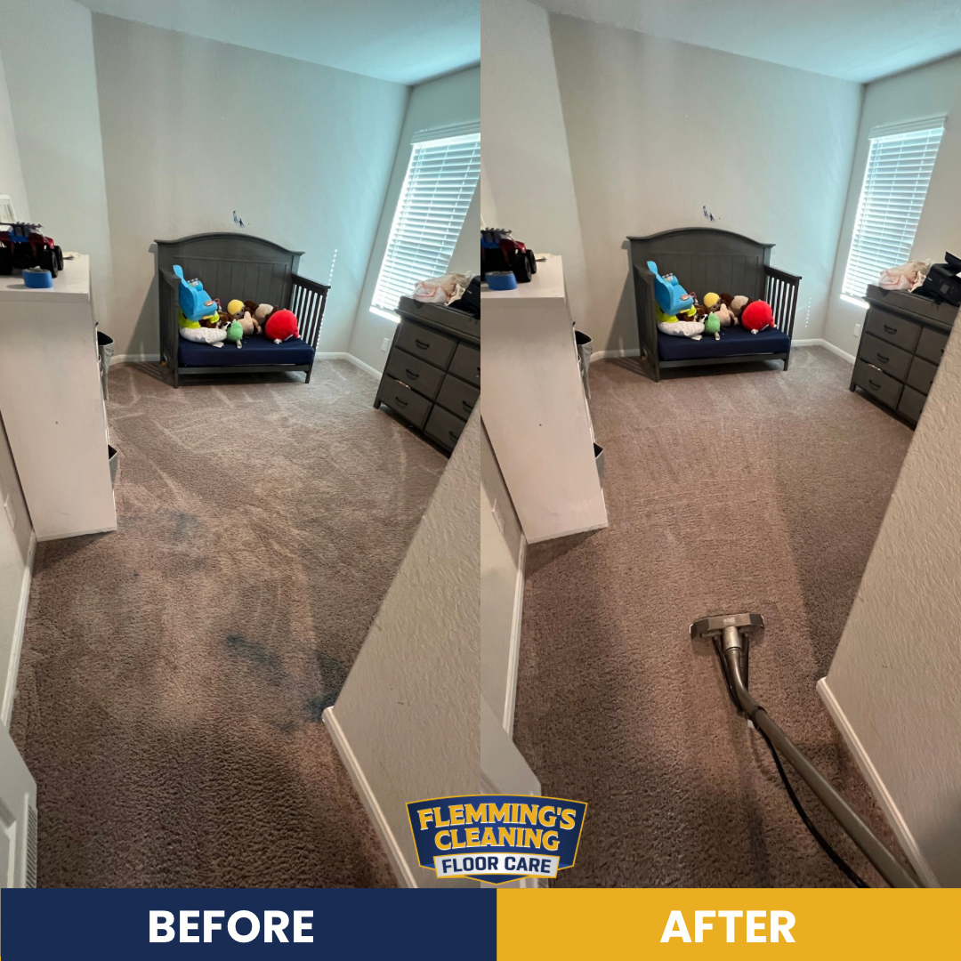 Split-view hallway carpet before and after cleaning, showing stain removal and cleaner beige carpet.