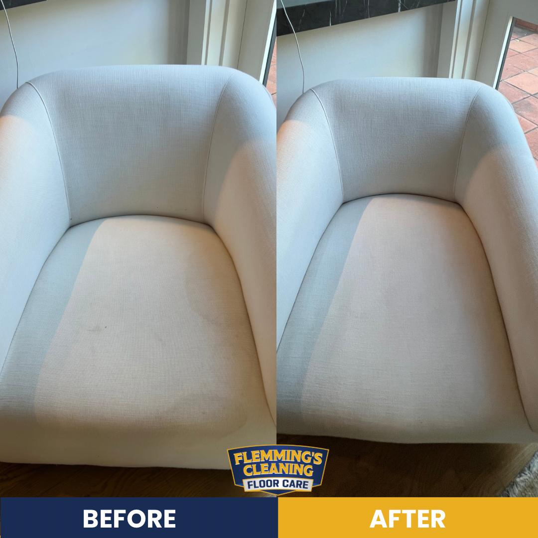 Side-by-side before-and-after photo of a light gray upholstered chair cleaned and refreshed.