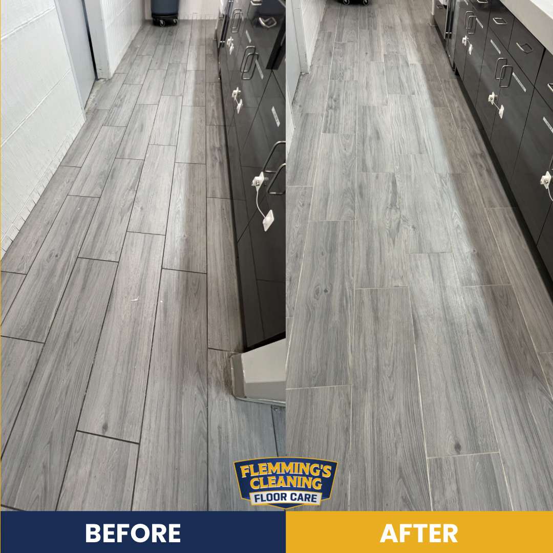 Before-and-after of a remodeled laundry room with gray flooring and dark cabinets.