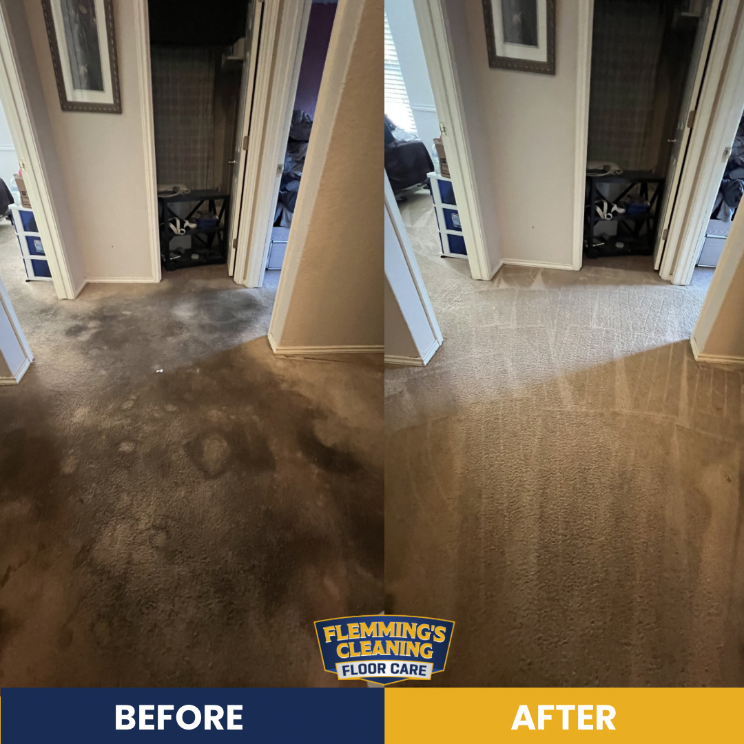 Before-and-after of a hallway floor restoration, showing a stained floor replaced with a clean tan surface.