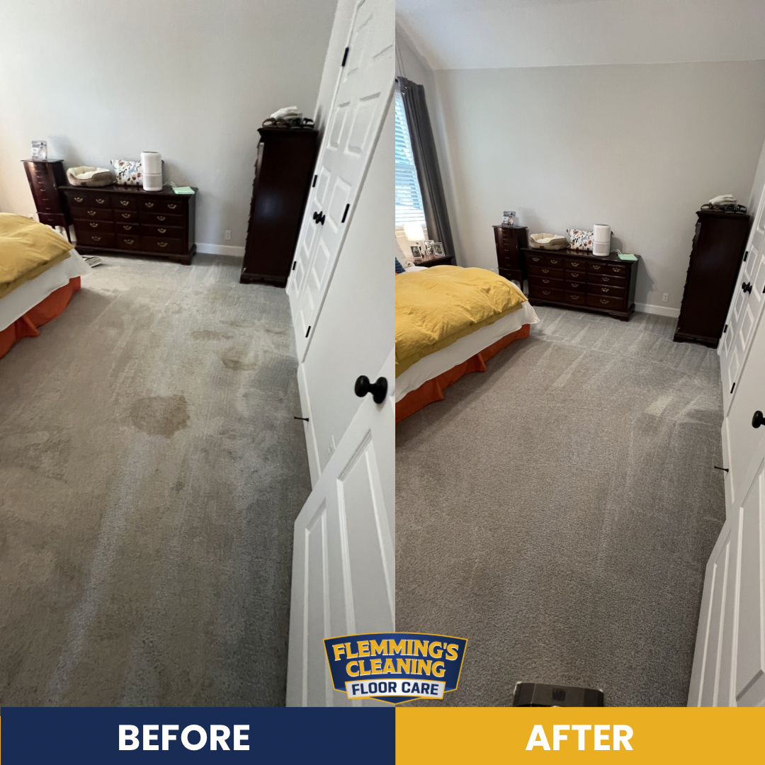 Before-and-after bedroom carpet cleaning: dirty gray carpet on left, clean light carpet on right.