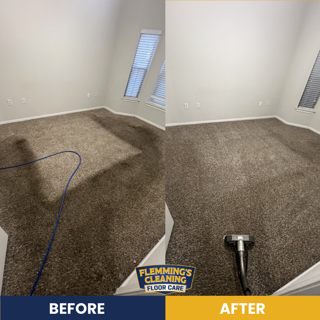 Before-and-after carpet cleaning in a room with beige carpet and a window, showing visible stain removal.