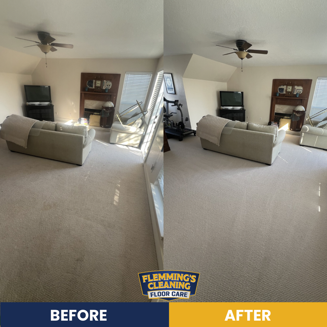 Side-by-side before-and-after of a carpeted living room with a sofa, ceiling fans, TV, and bright window light.