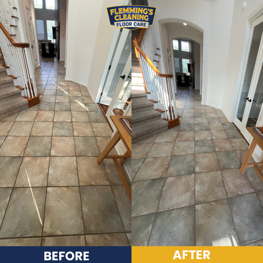 Before-and-after view of a tiled hallway floor cleaned and restored to a brighter finish.
