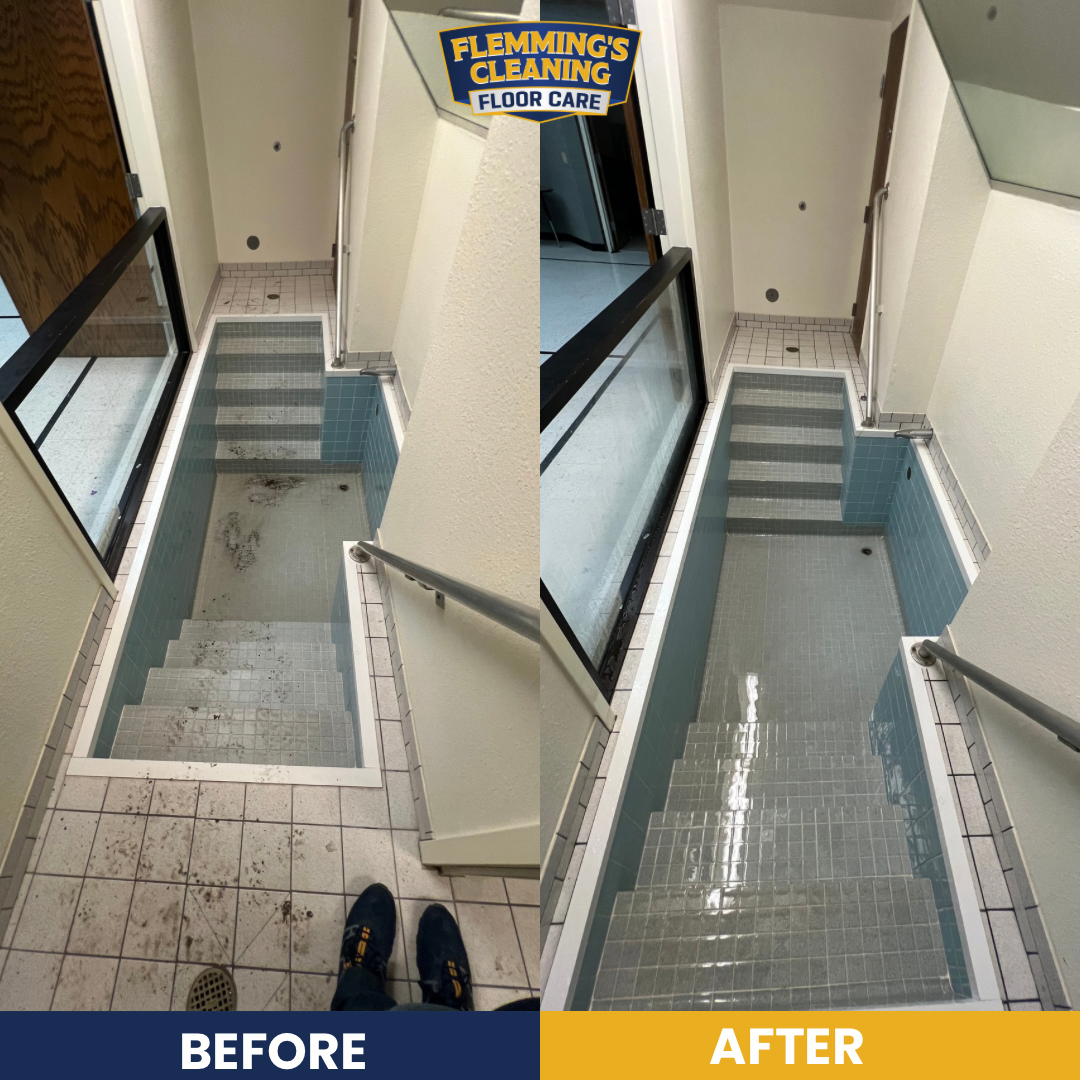 Before-and-after of a stairwell floor cleaning, showing dirty tile transformed to clean gray steps.