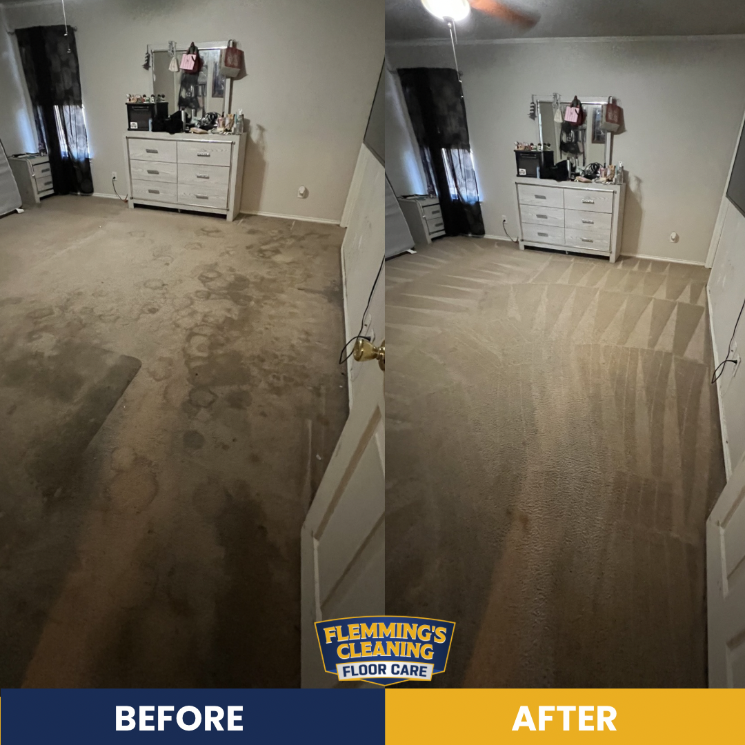 Before-and-after bedroom carpet cleaning: stained beige carpet restored to a cleaner, brighter finish.