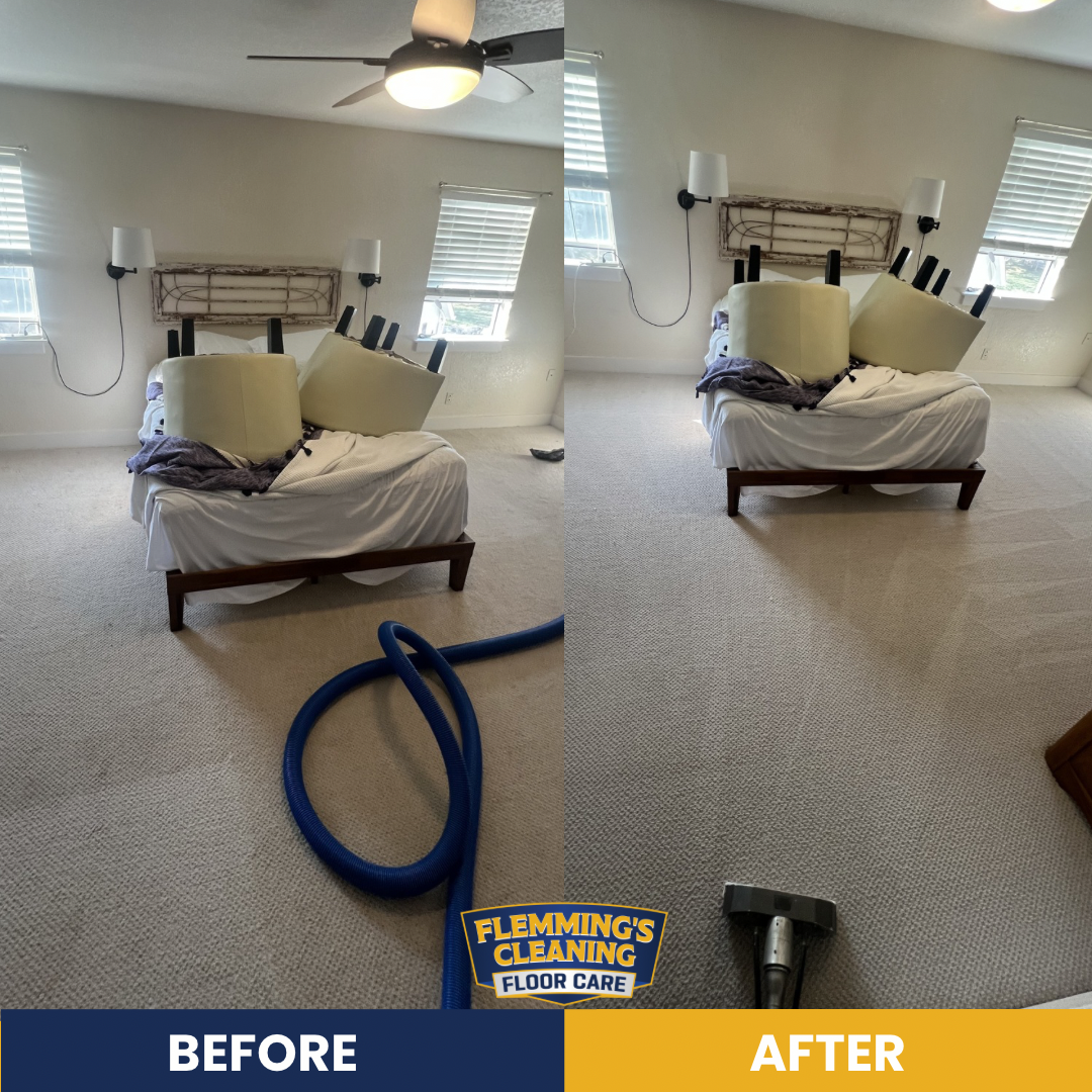Before-and-after of a carpeted bedroom after cleaning, with the bed and rug visibly refreshed.