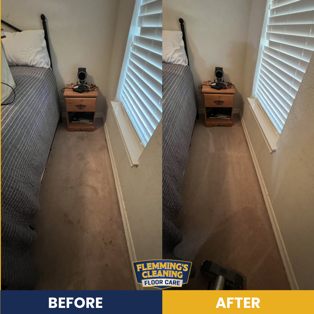 Bedroom carpet before-and-after: beige carpet cleaned beside bed and nightstand, with cleaner floor on right.