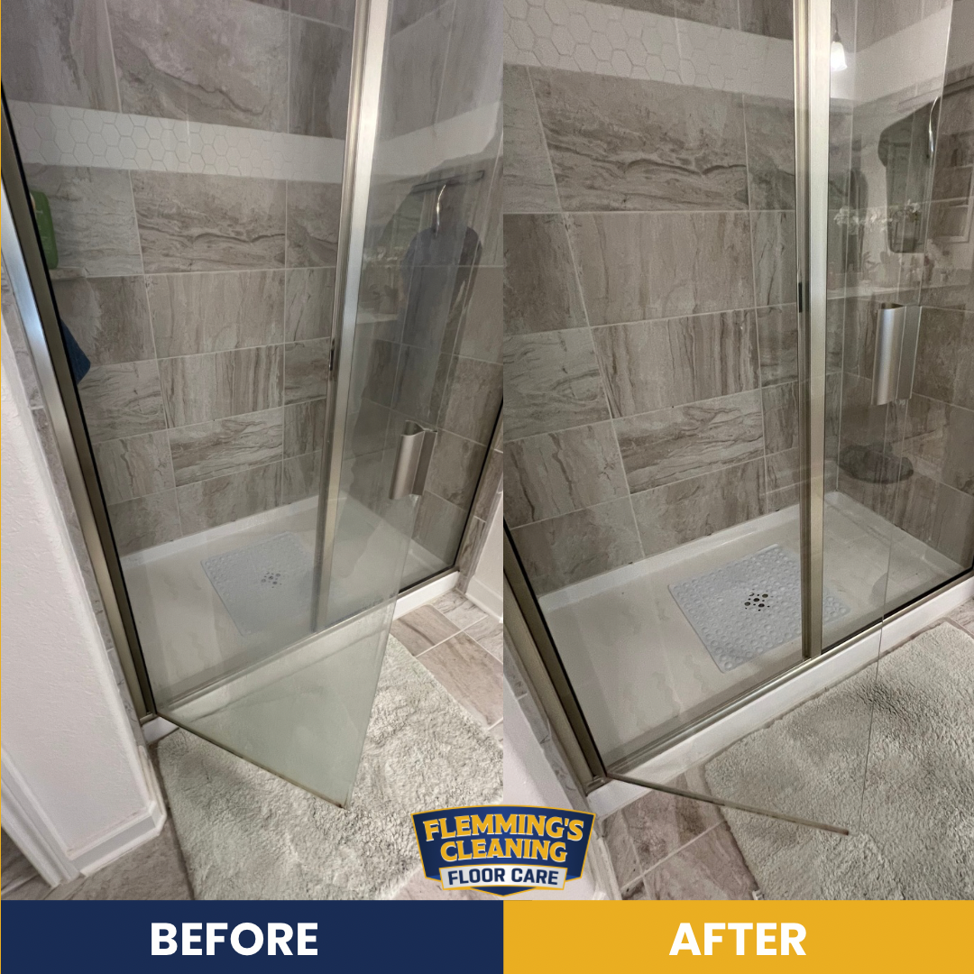 Before-and-after shower glass panel repair with restored corner seal and tile wall background.