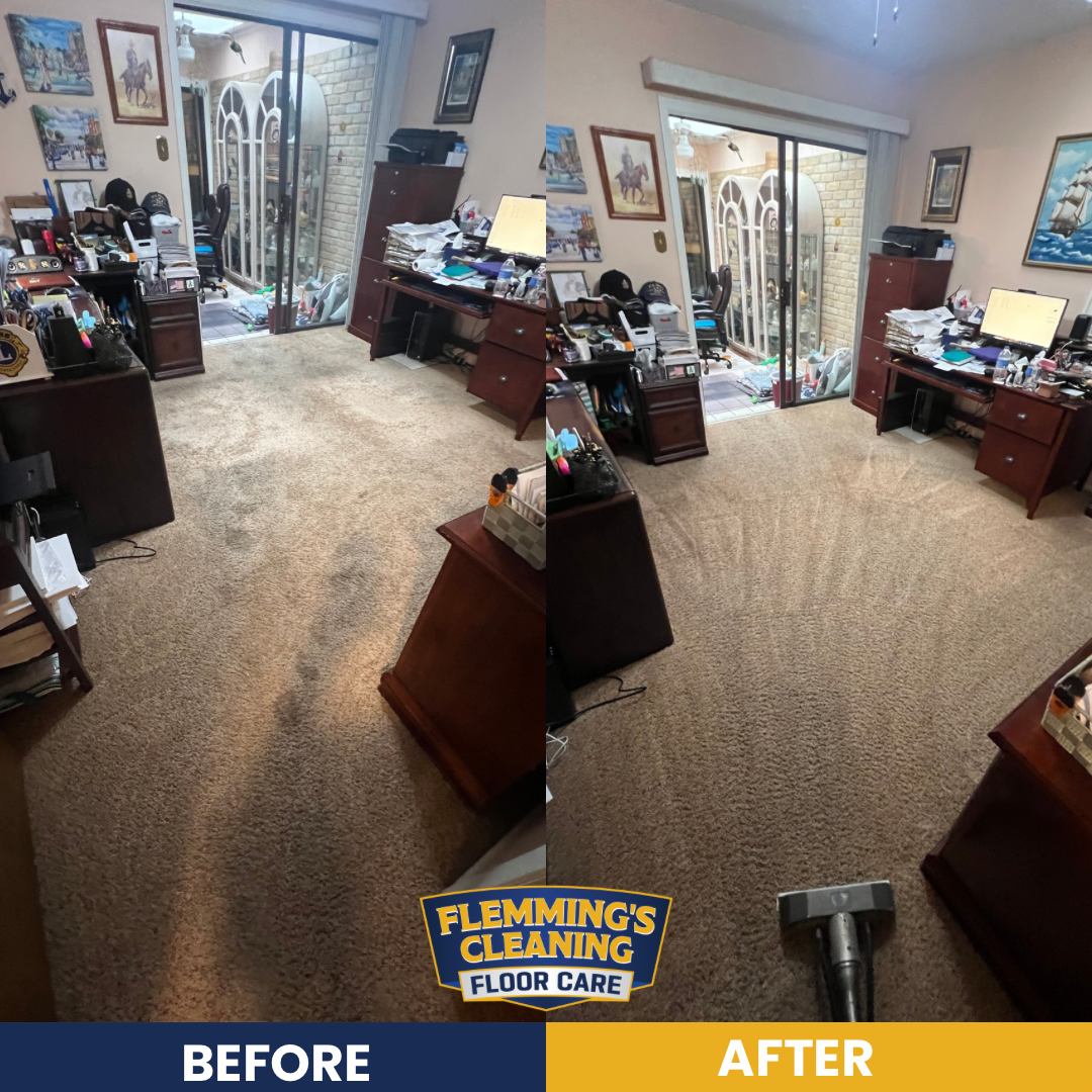 Before-and-after view of a carpet cleaning showroom with furniture, rugs, and polished flooring.