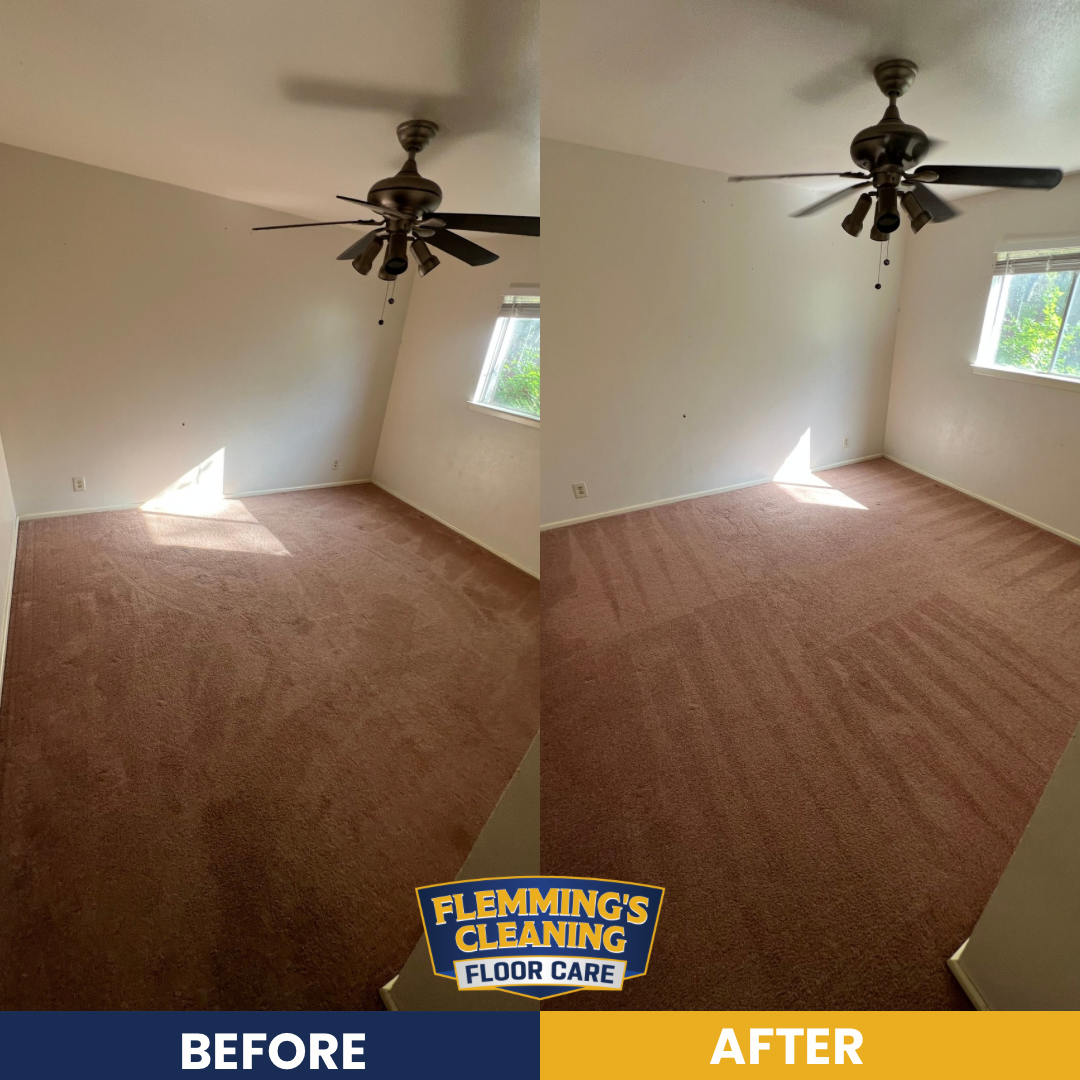 Split before-and-after of a carpeted room with ceiling fans, showing cleaned carpet and brighter floor care result.