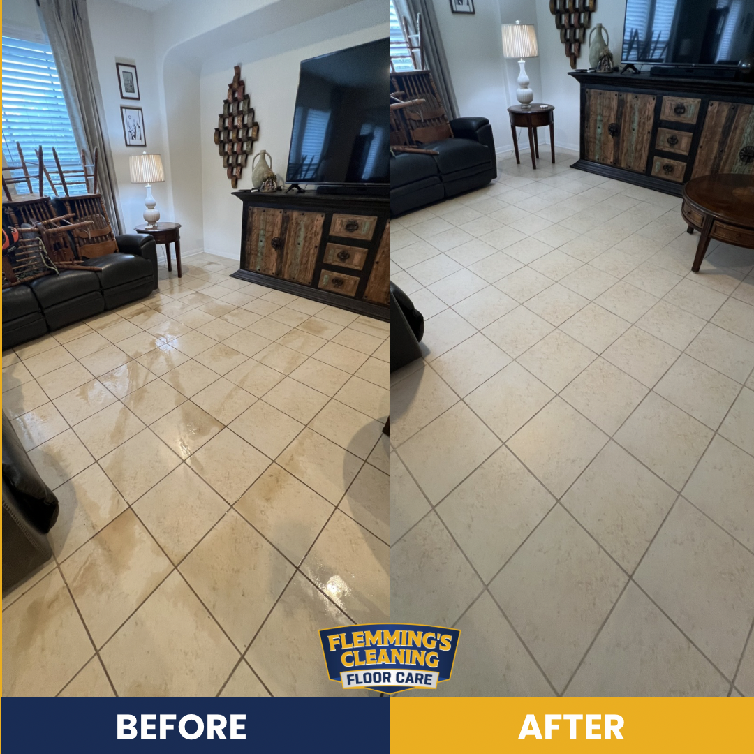 Before-and-after living room floor cleaning, showing stained tile transformed to a clean, bright beige floor.