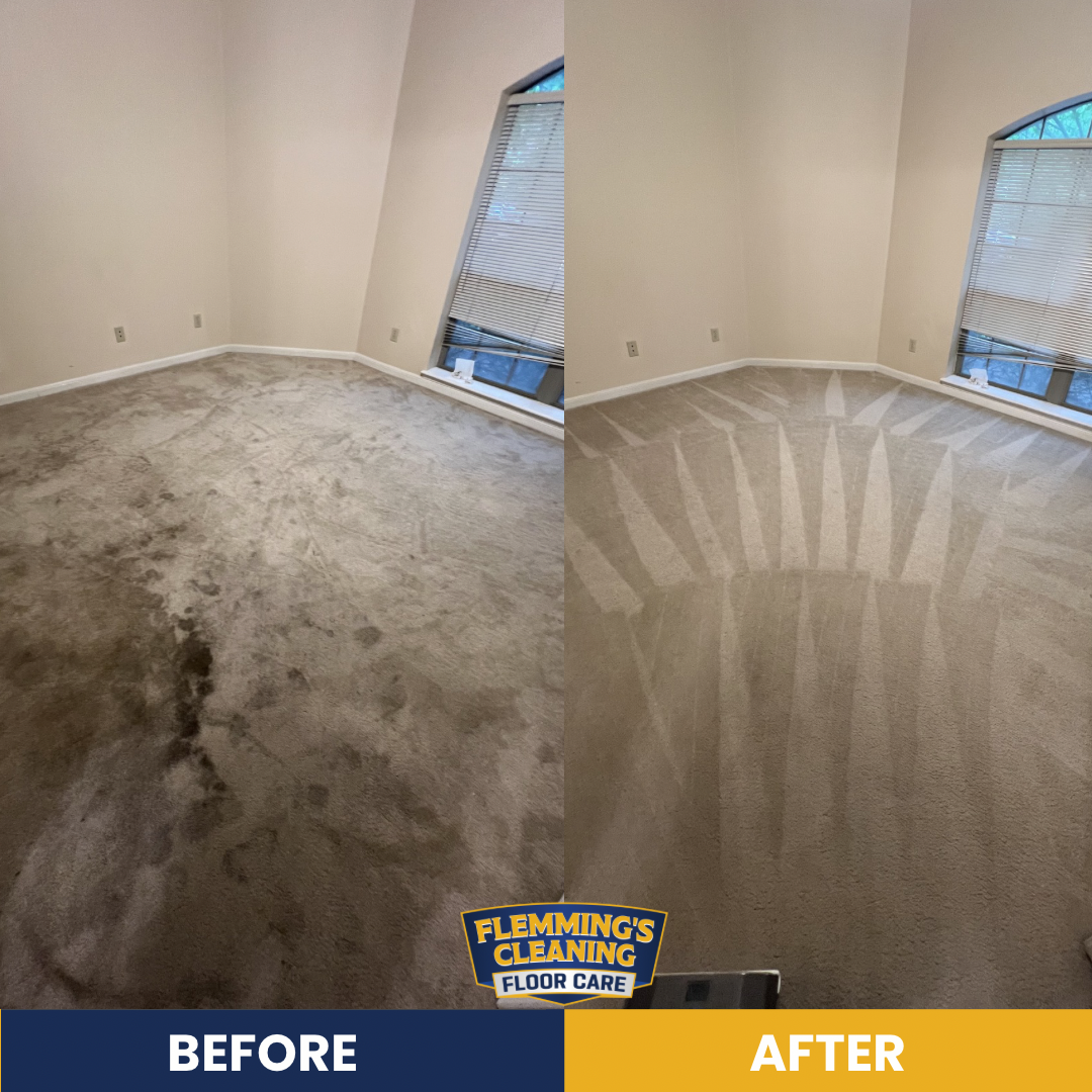 Before-and-after of a carpet cleaning in a beige room, showing dirty carpet transformed to clean.