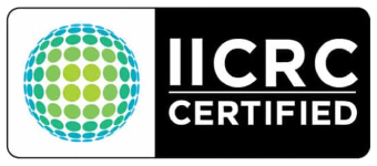 IICRC Certified logo with a green-blue dotted globe icon on a black and white background
