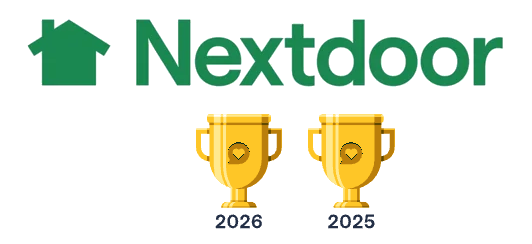 Nextdoor logo above gold trophy icons labeled 2026 and 2025